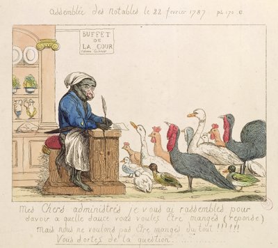 Karikatuur van de Vergadering van Notabelen, 22 februari 1787 (gekleurde ets) door French School